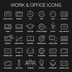Icons set of working and office area. Thin and thick lines. White on black.