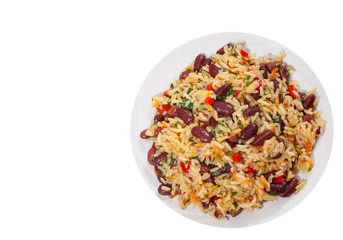 rice with red beans and vegetables. top view. isolated on white