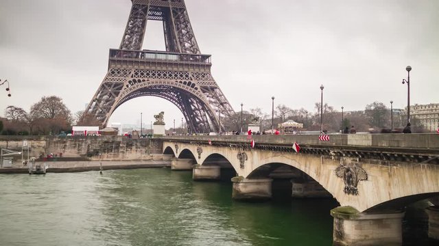 day light eiffel tower seine river bridge side panorama 4k time lapse paris france
