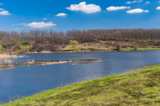 Spring landscape with Suha Sura river in Vasylivka village near Dnepr city, in central Ukraine