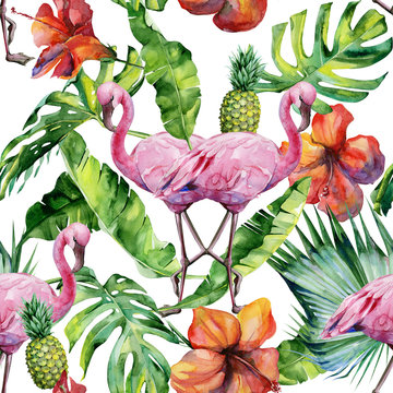 Watercolor illustration of tropical pink flamingo bird. Trendy artwork with tropic summertime motif. Exotic Hawaii art. Seamless mirror pattern. 