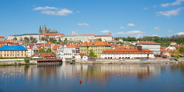 PRAGUE, CZECH REPUBLIC - APRIL 17, 2014:  View site the Vltava River to see Prague Castle