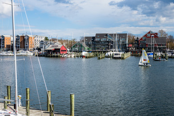 Fototapeta na wymiar Harbor Area of Annapolis, Maryland on a cloudy spring day with sail boats