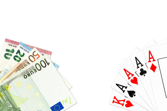 poker hand four of a kind in aces and some euro bank notes