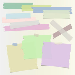 Collection of different shape and size ripped colored sticky notes and adhesive tape - 145016184