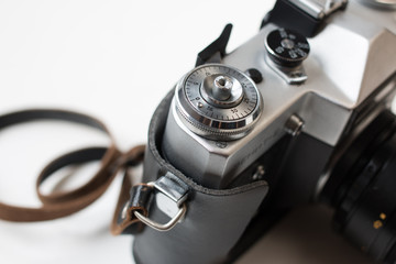 Vintage photo camera. Detail. Closeup photo. Selective focus.