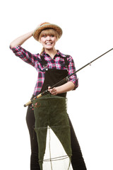 Happy woman holding fishing rod and keepnet