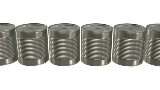 Canned food row. 3D render on white. HD animation. Seamless looped motion background with alpha matte.