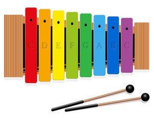 Glockenspiel or metallophone in c major with eight labeled bars, one octave, in different colors and two percussion mallets - top view - isolated vector illustration on white background.