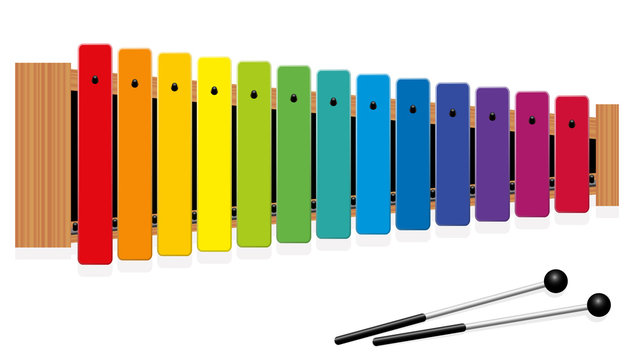 Metallophone or Glockenspiel with thirteen rainbow colored bars and two percussion mallets - top view - isolated vector illustration on white background.