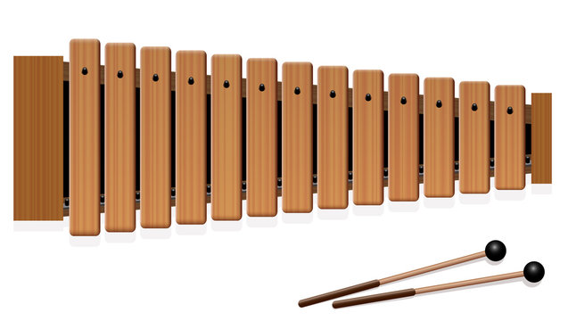 Xylophone - musical instrument with thirteen wooden bars and two percussion mallets - top view - isolated vector illustration on white background.
