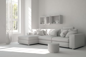 White room with sofa and green landscape in window. Scandinavian interior design. 3D illustration