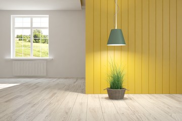 Yellow empty room with green landscape in window. Scandinavian interior design. 3D illustration