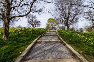 Fototapeta na wymiar Spring landscape of patterson park with flowers in baltimore maryland