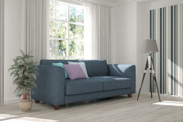White room with sofa and green landscape in window. Scandinavian interior design. 3D illustration