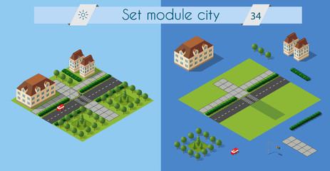 Isometric retro set 3D urban module of the city for construction and modeling of designing megapolis for creative web design and presentations