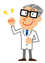 ガッツポーズ　白衣の熟年男性