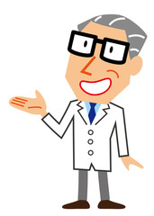 案内　白衣の熟年男性