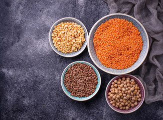 Obraz na płótnie Canvas Various legumes. Chickpeas, red lentils, black lentils and yellow peas