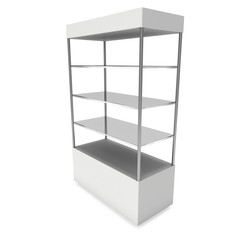 Empty showcase with glass shelves for exhibit. 3D render illustration isolated on white background. Trade show booth blank pedestal for expo design.