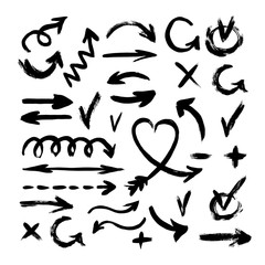 Hand Drawn Arrows with Paint Brush. A collection of black grungy vector abstract hand-painted brush and stroke arrows