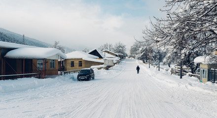 homely snow village with houses