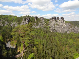Fototapeta na wymiar The Elbe Sandstone Mountains near the Bastei bridge in the Saxon Switzerland National Park in Germany with blue sky and clouds