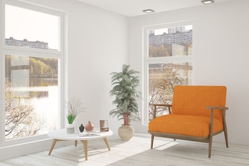 White room with armchair and urban landscape in window. Scandinavian interior design. 3D illustration