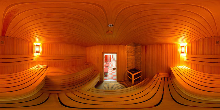 Panorama of 360 degrees inside the sauna of the sports club.Photo panorama inside the sauna removed from the penultimate lounger