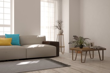 White modern room with sofa. Scandinavian interior design. 3D illustration