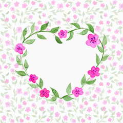 Watercolor flower floral heart shaped wreath frame background