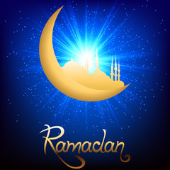 Obraz na płótnie Canvas Vector illustration for an Islamic holiday of Ramadan. Moon and mosque on a night background with a star and glitter