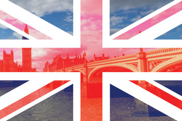 Fototapeta premium Big Ben against cloudy sky, London, United Kingdom with flag
