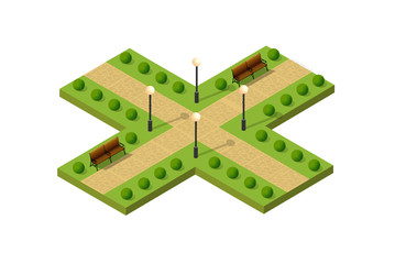 Isometric metropolis city park with streets and trees. Urban landscape top view