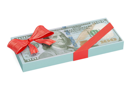 Dollar pack with red bow, gift concept. 3D rendering