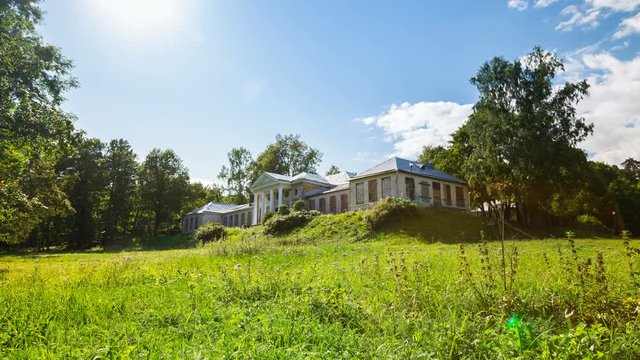 The main mansion house is a one-storey wooden building, national historical architectural and natural museum reserve the Monrepos Park, Vyborg, Russia. Timelapse.