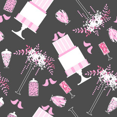 Wedding dessert bar with cake and flowers. Sweet table. Candy Buffet.  Vector pattern