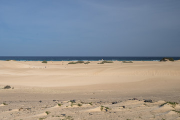 Sand dunes on the seashore of the Islands on the Atlantic Ocean. Nobody, only steps