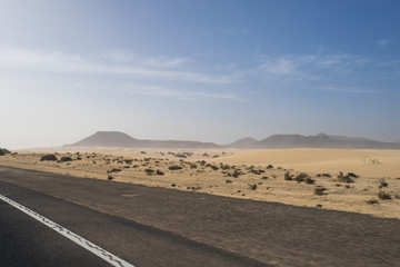 The asphalt  road through the sand dunes in Canarian Island