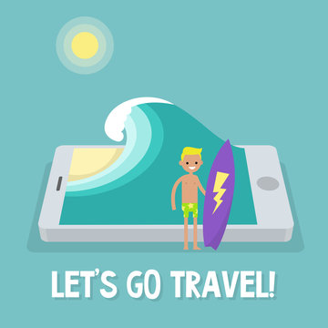 Travel concept. Mobile application. Augmented reality: young male character holding a surfboard near by the ocean. Flat editable vector illustration, clip art