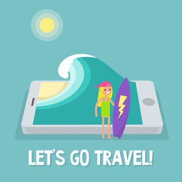 Travel concept. Mobile application. Augmented reality: young female character holding a surfboard near by the ocean. Flat editable vector illustration, clip art