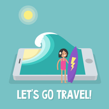 Travel concept. Mobile application. Augmented reality: young female character holding a surfboard near by the ocean. Flat editable vector illustration, clip art
