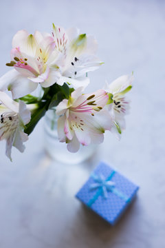 Beautiful tender bouquet of Alstroemeria with blue gift box