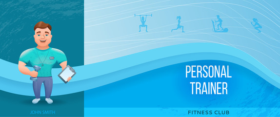 Fitness banner or flyer with personal trainer or bodybuilder.Vector illustration with cartoon character.
