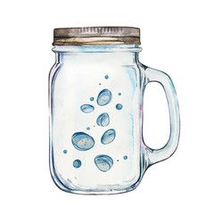 Isoleted Tumbler with stainless steel lid. Watercolor hand drawn painted illustration, water line and bubbles.