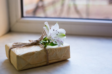 Wrapped parcel with single alstroemeria flower near window