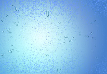 eps 10 vector pure water drops isolated on blue background. Realistic rain drops, dew on glass or window. Clear droplets set for web, print. Closeup illustration. Graphic clip art. Editable backdrop