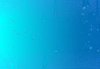 eps 10 vector pure water drops isolated on blue background. Realistic rain drops, dew on glass or window. Clear droplets set for web, print. Closeup illustration. Graphic clip art. Editable backdrop