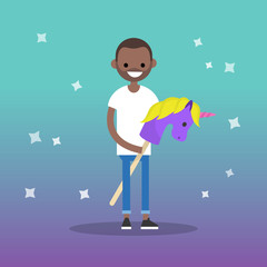 Kidult (kid + adult) conceptual illustration: young black adult riding a hobby horse / flat editable vector illustration