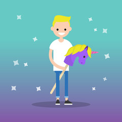Kidult (kid + adult) conceptual illustration: young adult riding a hobby horse / flat editable vector illustration